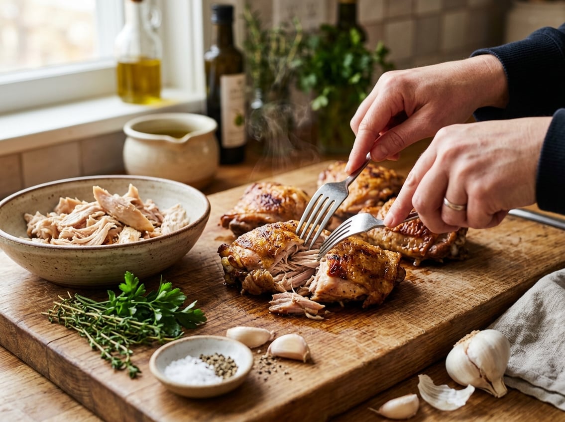 Close-up of cooked chicken thighs being shredded with two forks on a wooden cutting board with fresh herbs and garlic nearby.