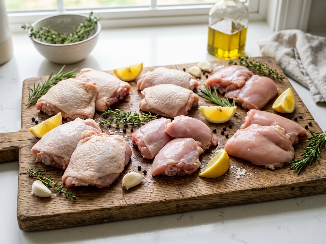 An assortment of raw chicken thighs on a wooden cutting board with herbs, lemon wedges, and garlic on a kitchen countertop.