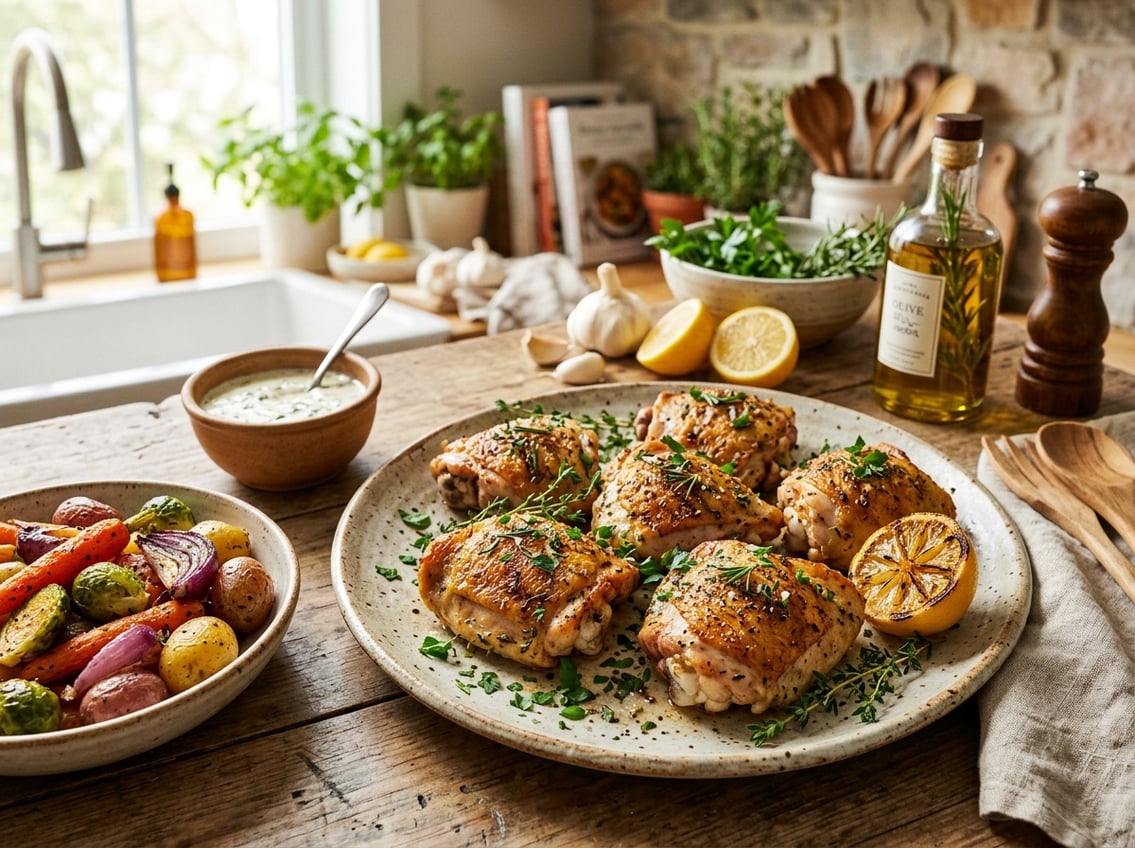 A plate of cooked chicken thighs garnished with fresh herbs on a kitchen countertop with roasted vegetables and cooking ingredients nearby.