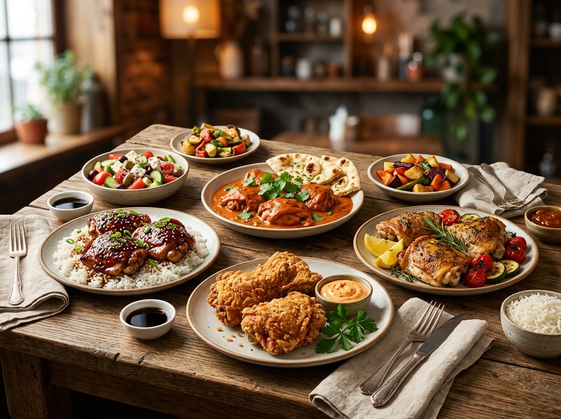 A variety of cooked chicken thigh dishes from different cuisines arranged on a wooden table with side dishes and sauces.