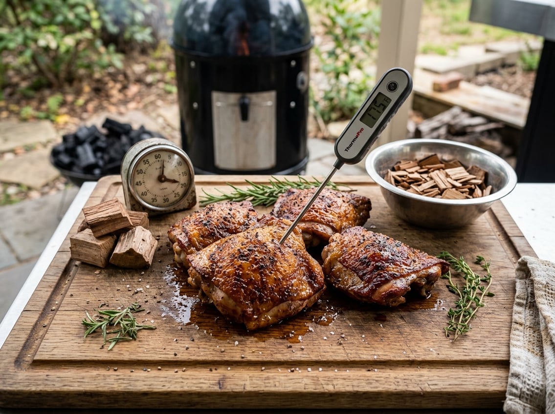 Close-up of smoked chicken thighs on a wooden board with a meat thermometer, timer, wood chips, and fresh herbs nearby.