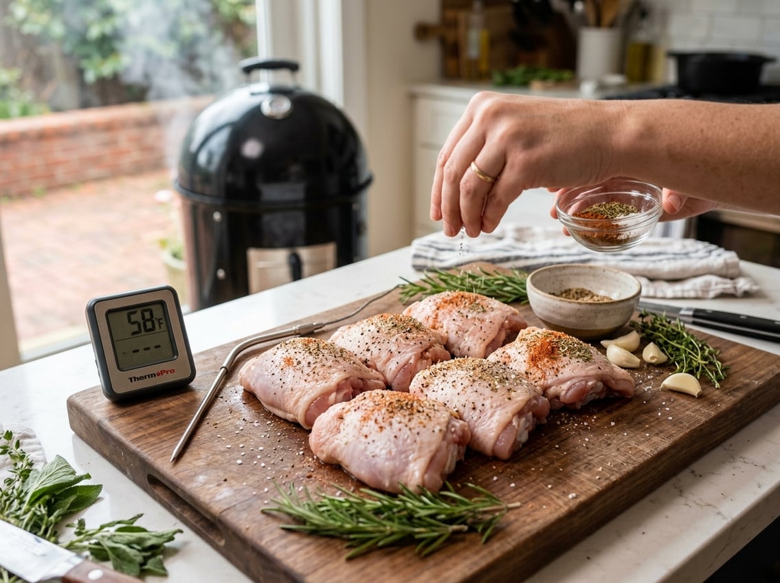 Close-up of raw chicken thighs on a cutting board being seasoned with herbs and spices in a kitchen.