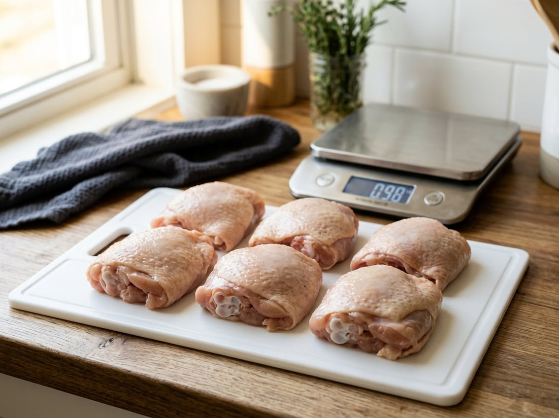 Close-up of several raw chicken thighs on a cutting board with a kitchen scale showing about one pound in the background.
