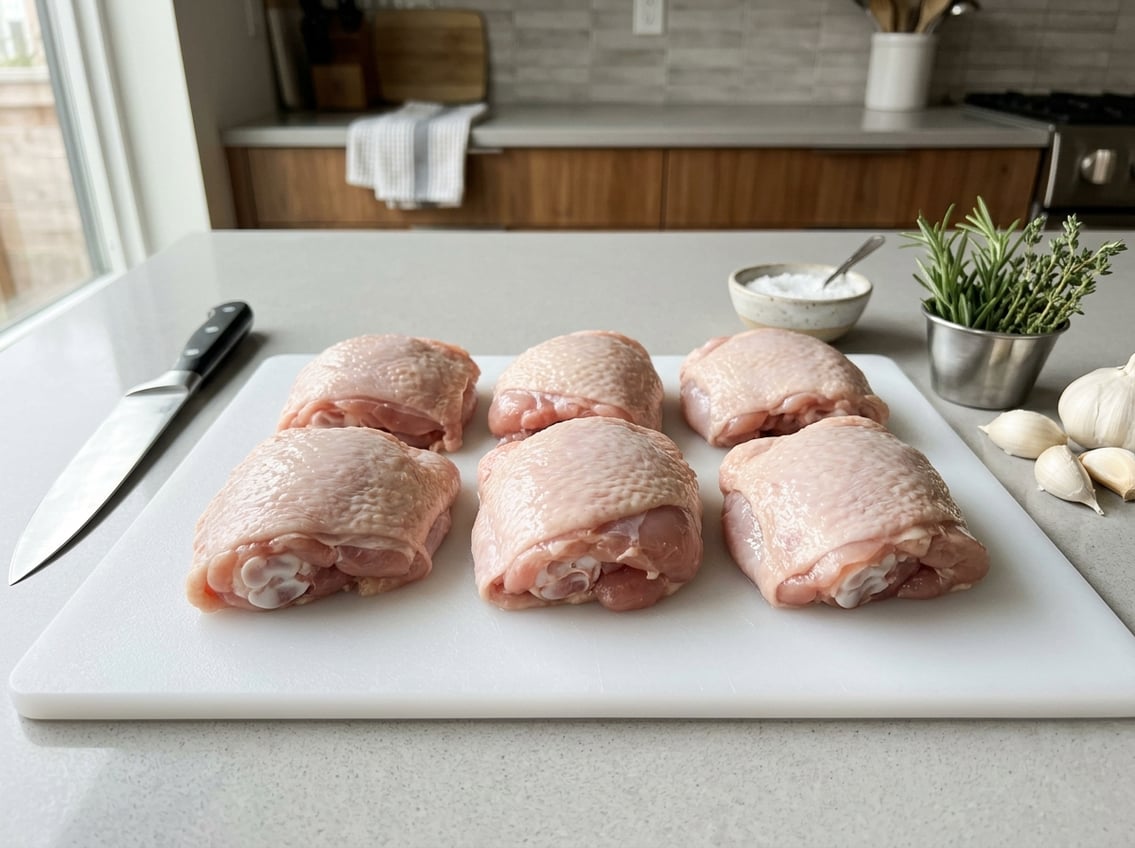 Close-up of several raw chicken thighs on a white cutting board with herbs, garlic, and a knife nearby.