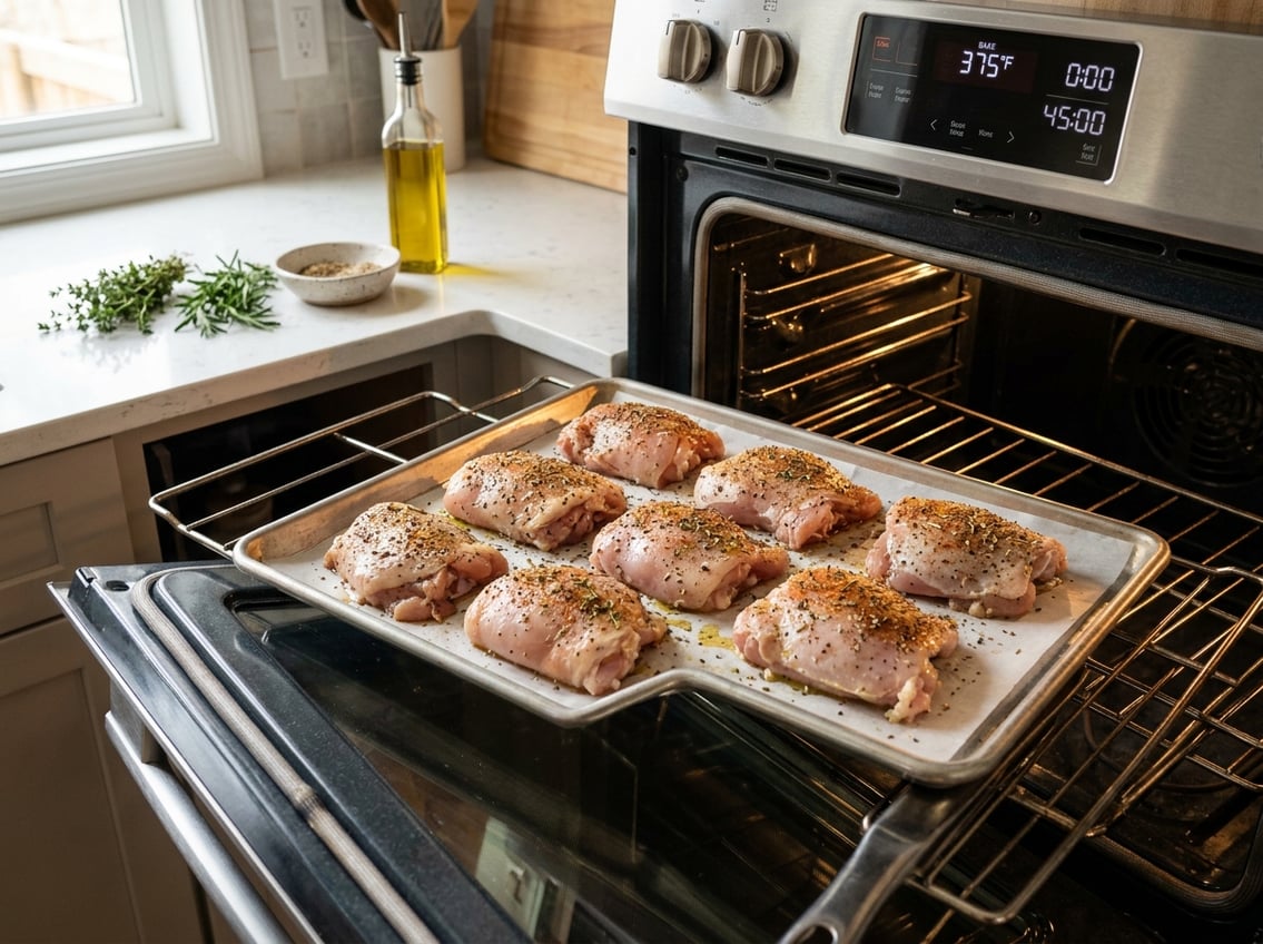 Close-up of seasoned boneless chicken thighs on a baking tray inside an open oven in a kitchen.
