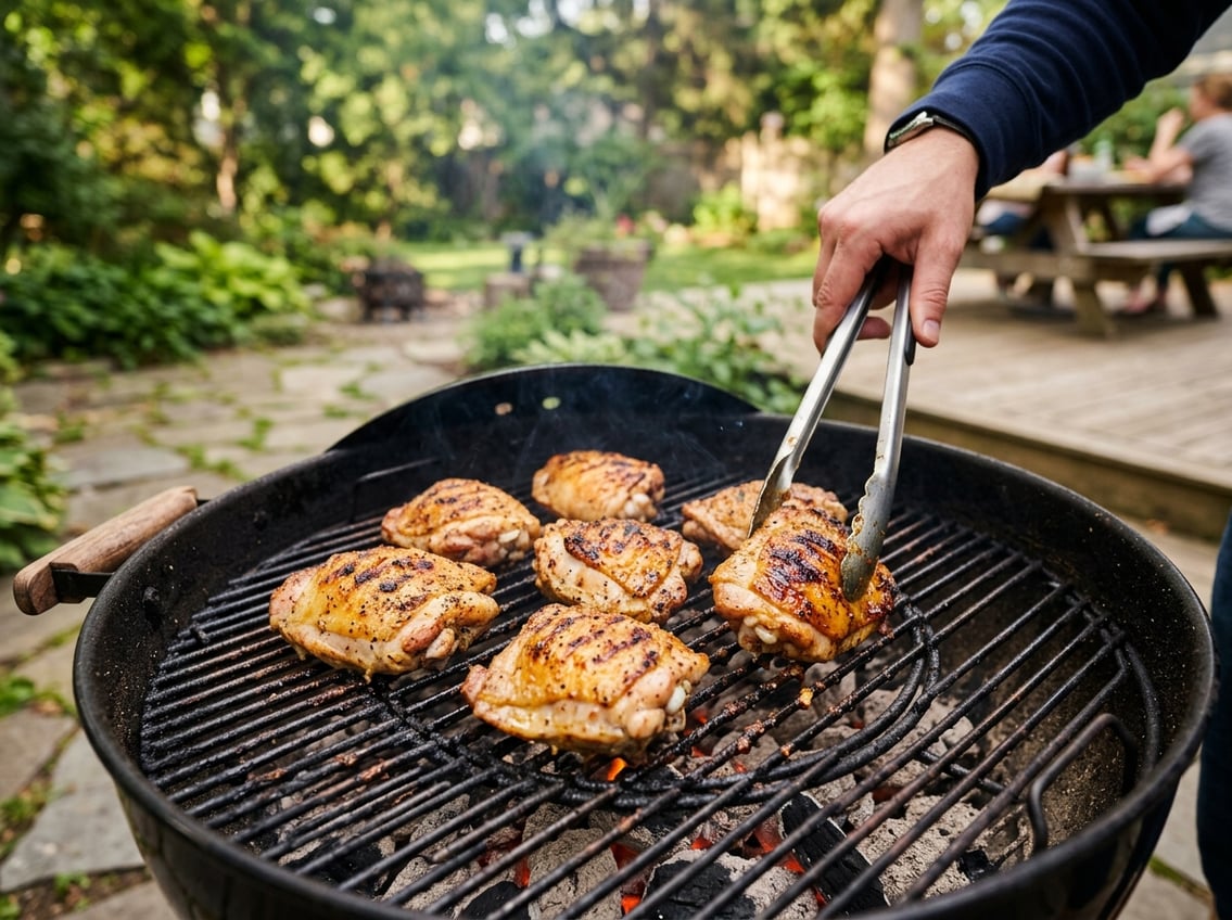 Chicken thighs cooking on a charcoal grill outdoors with tongs turning the meat.
