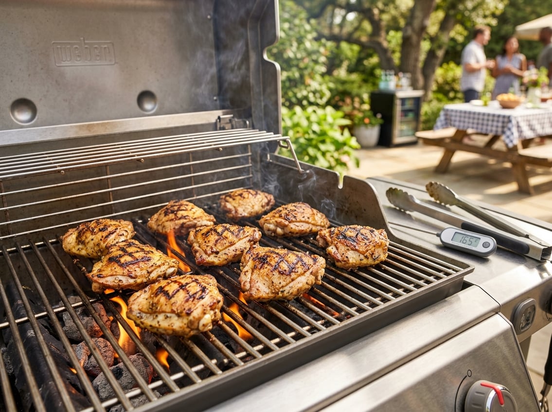 Close-up of chicken thighs cooking on a grill outdoors with grilling tools nearby and greenery in the background.