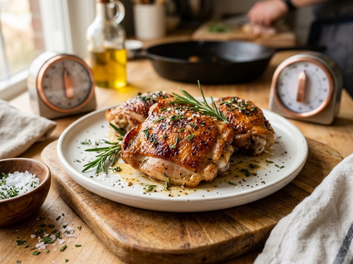 Close-up of juicy boneless chicken thighs on a white plate garnished with fresh herbs, with kitchen utensils and a timer in the background.