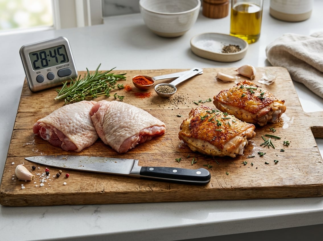 Close-up of raw and cooked chicken thighs on a wooden cutting board with kitchen timer, spices, herbs, and a knife on a kitchen countertop.