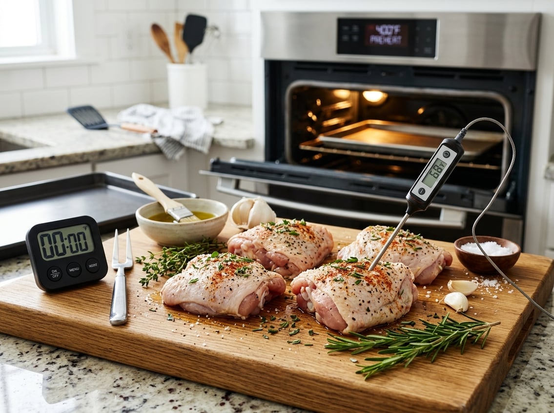 Raw seasoned chicken thighs on a cutting board with a cooking thermometer and kitchen timer next to a modern oven in a bright kitchen.