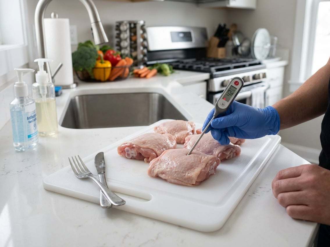Raw chicken thighs on a cutting board with a food thermometer inserted, surrounded by fresh vegetables and kitchen items.