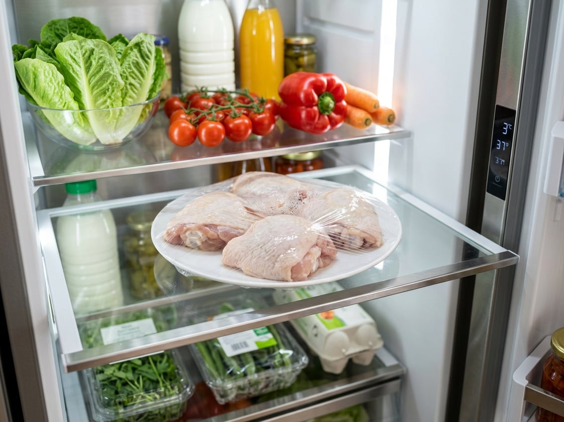 Raw chicken thighs thawing on a plate inside a refrigerator with fresh vegetables on nearby shelves.