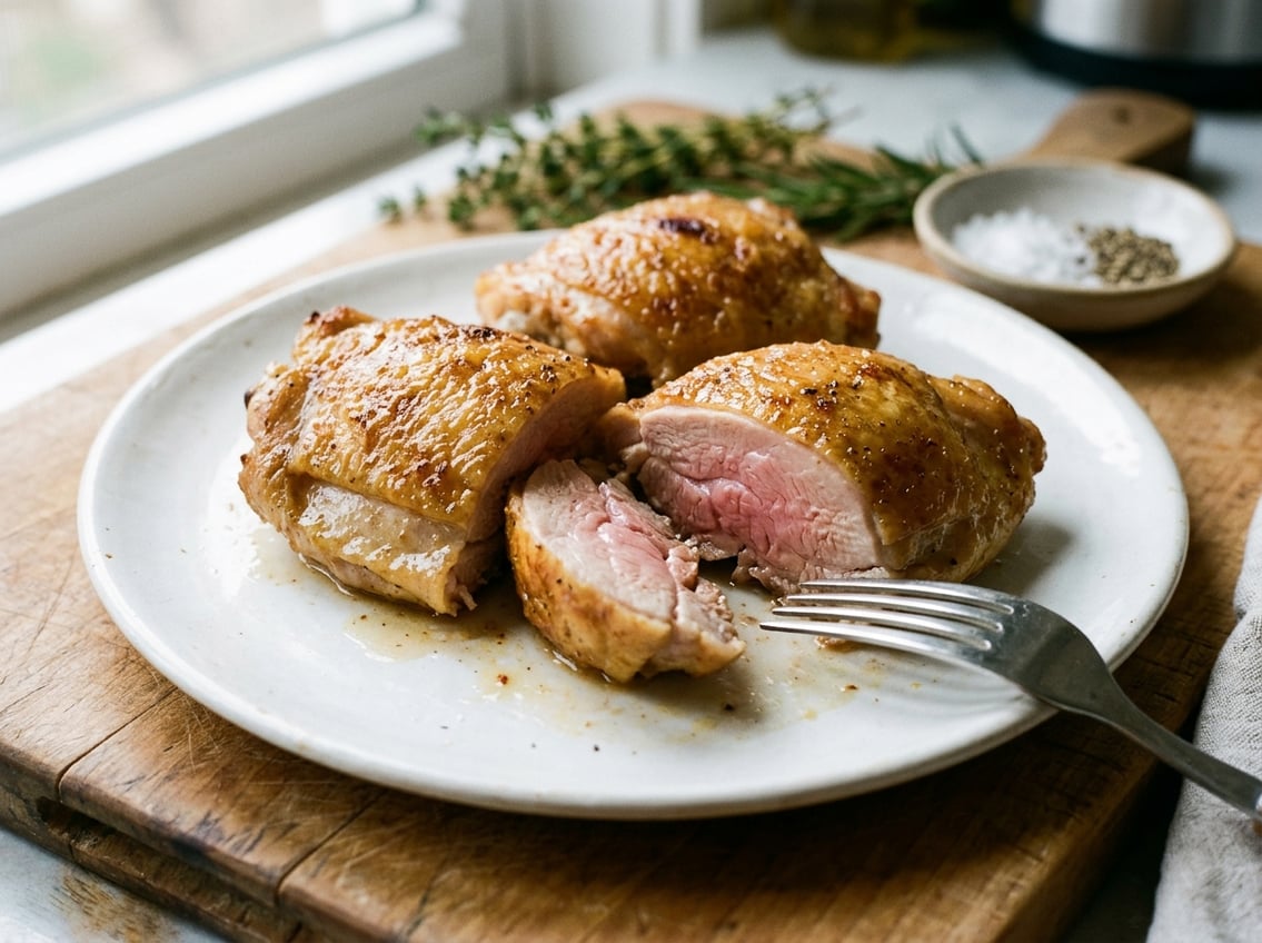 Close-up of cooked chicken thighs on a plate showing golden-brown skin and slightly pink interior meat.