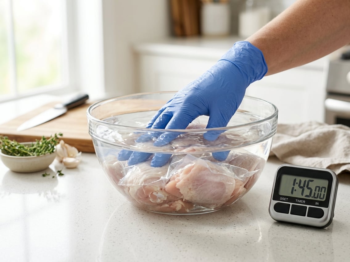 A bowl of cold water with sealed bags of raw chicken thighs submerged, a gloved hand pressing them down, and a kitchen timer on a countertop.
