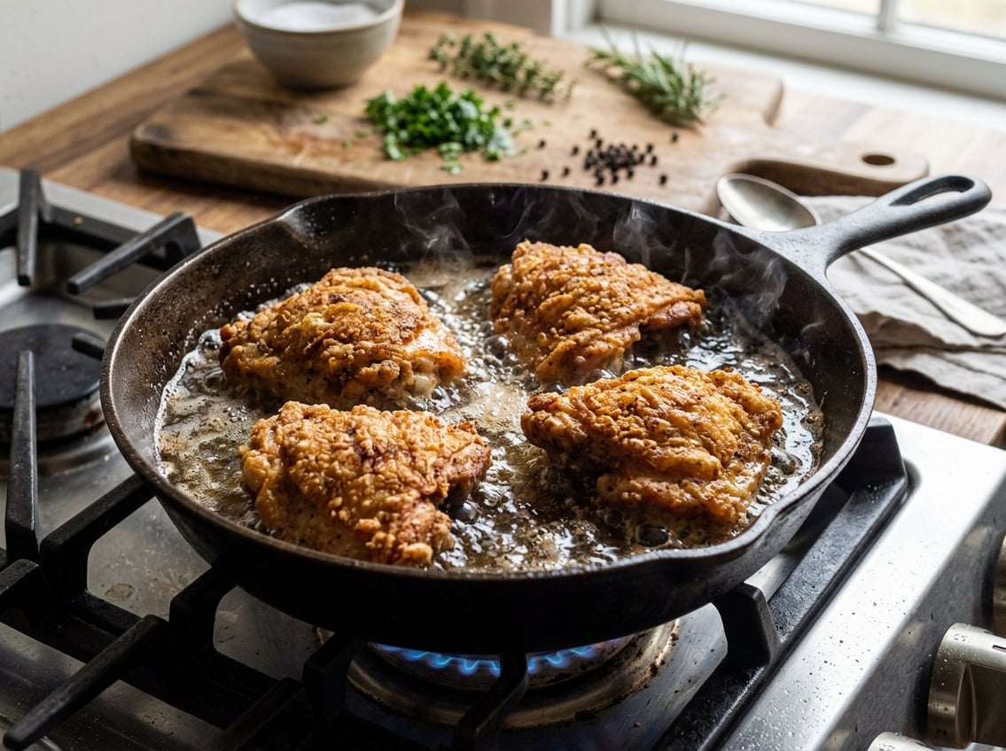Close-up of golden fried chicken thighs cooking in a skillet with oil bubbling around them.