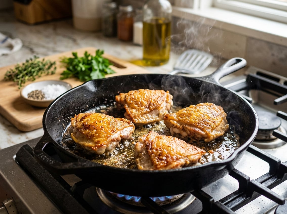 Close-up of chicken thighs frying in a skillet on a stovetop with steam rising.
