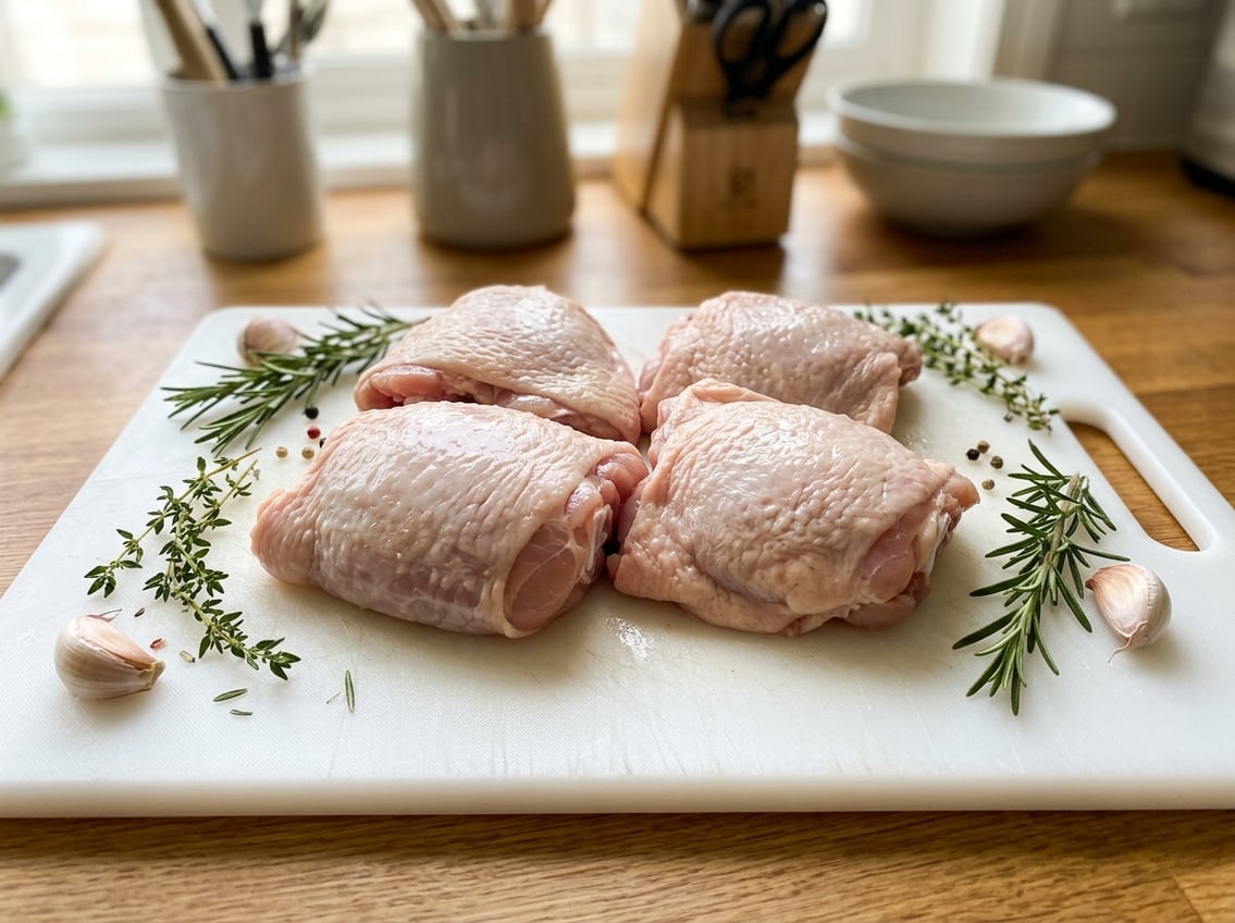 Close-up of raw chicken thighs on a cutting board with fresh herbs and garlic cloves nearby.
