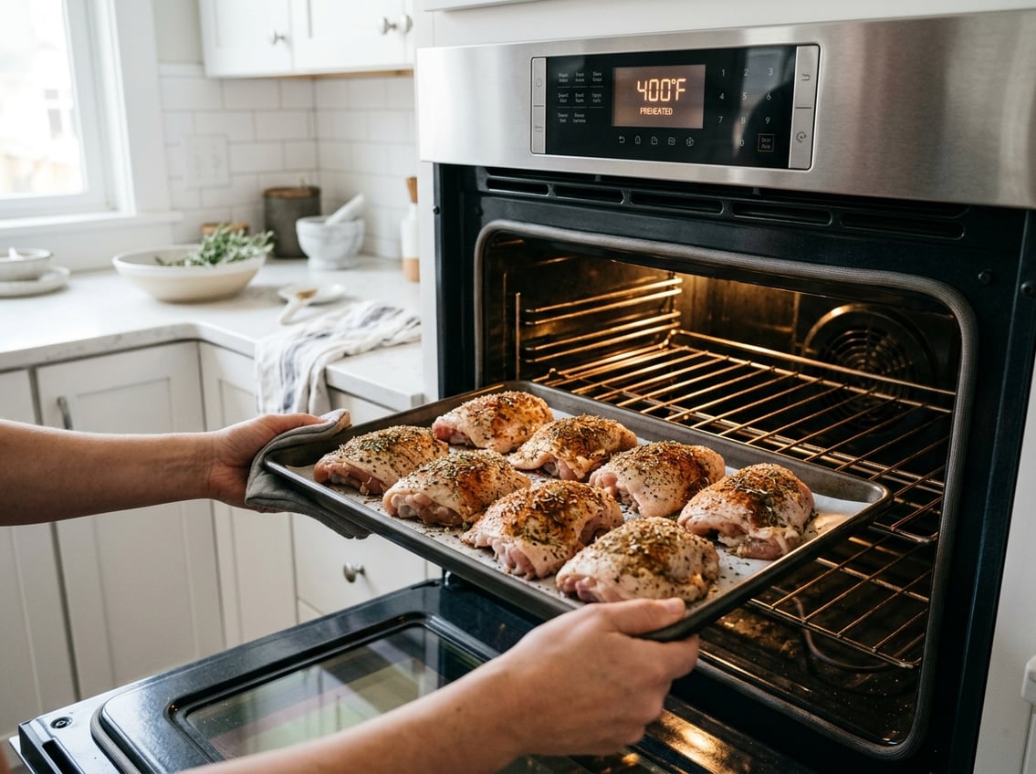 Raw seasoned chicken thighs on a baking tray inside an open oven set to 400 degrees Fahrenheit.