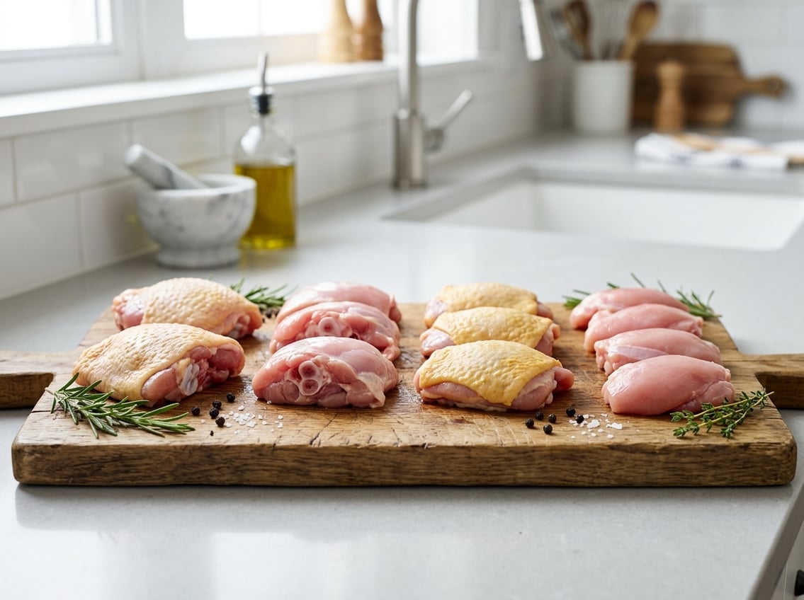 Four types of raw chicken thighs arranged on a wooden cutting board with fresh herbs on a kitchen countertop.