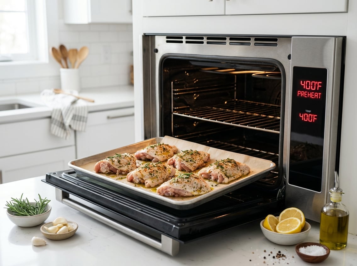 Raw seasoned chicken thighs on a baking tray inside an open oven with fresh herbs and ingredients on the kitchen counter.