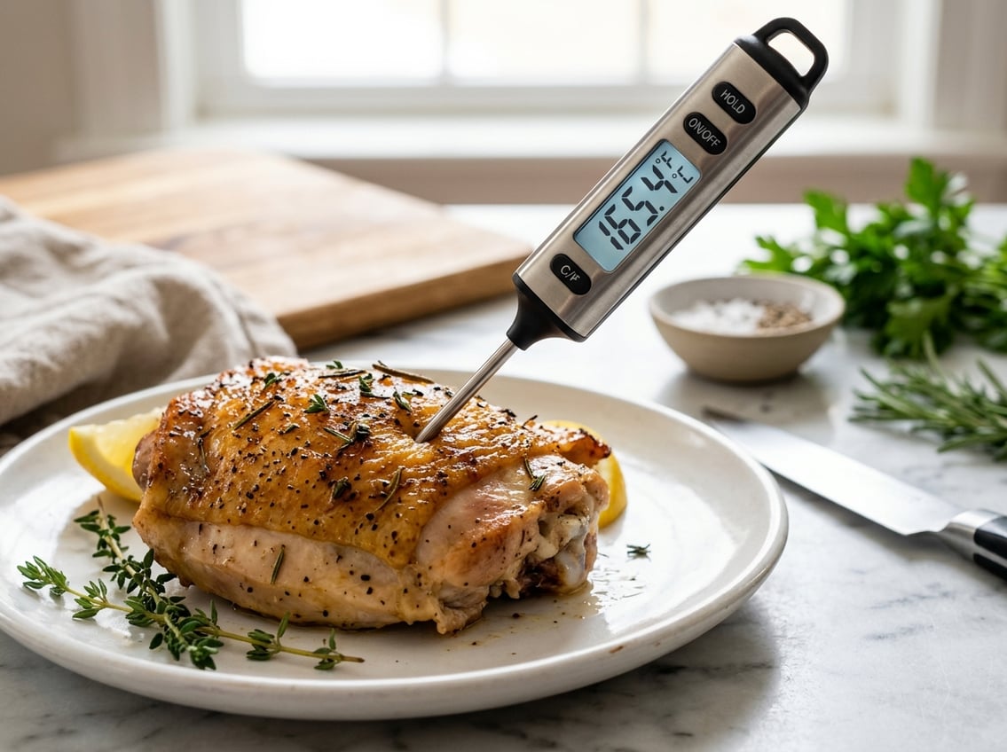 Close-up of a cooked chicken thigh with a digital meat thermometer showing the temperature in a kitchen setting.