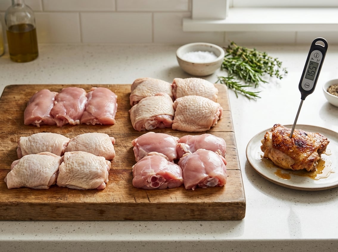 Various types of raw chicken thighs on a cutting board with a meat thermometer inserted into a cooked piece showing a safe cooking temperature.