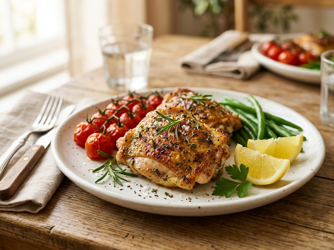 Close-up of cooked chicken thighs garnished with herbs on a white plate, accompanied by fresh vegetables.