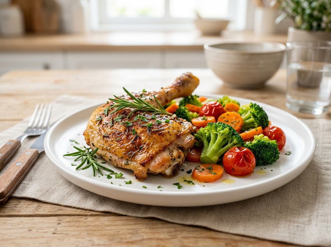 A cooked chicken thigh on a white plate with fresh herbs and steamed vegetables on a table.
