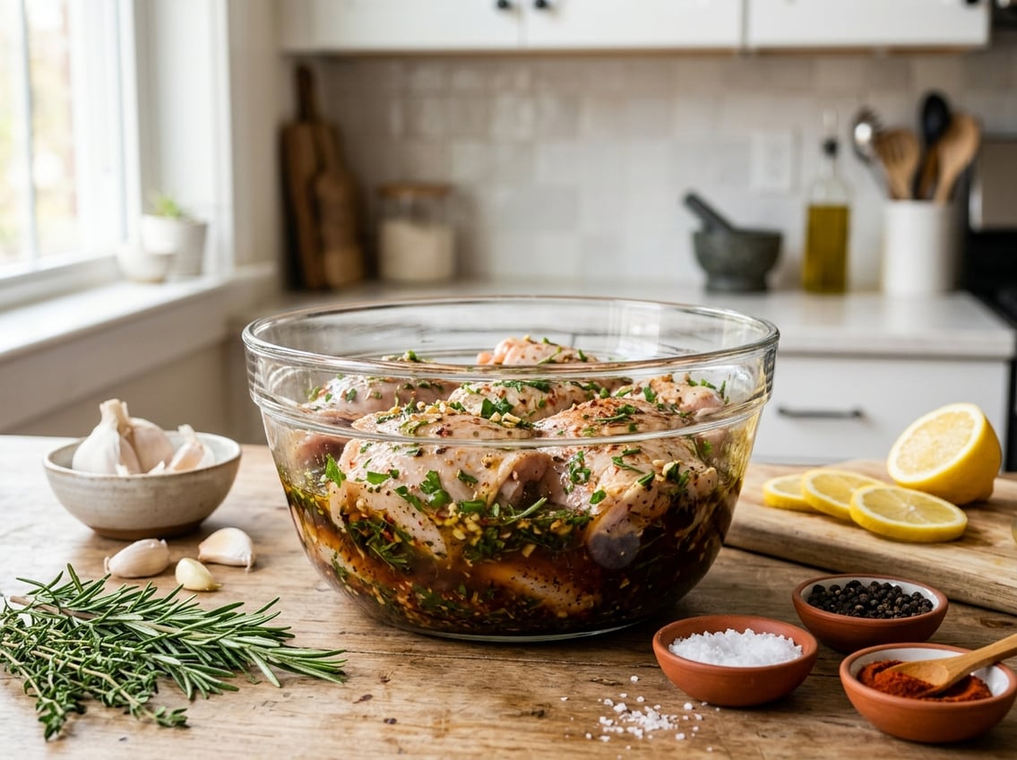 Raw chicken thighs marinating in a glass bowl with herbs and spices on a kitchen countertop surrounded by fresh ingredients.