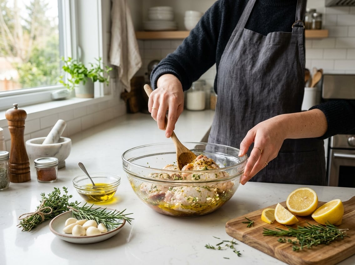 A person mixing raw chicken thighs with herbs and marinade in a glass bowl on a kitchen countertop.