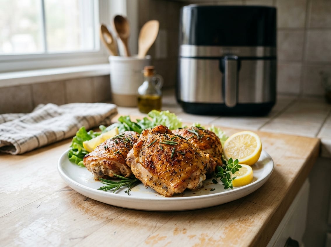 Golden-brown cooked chicken thighs on a white plate garnished with lettuce and lemon wedges, with an air fryer in the background.