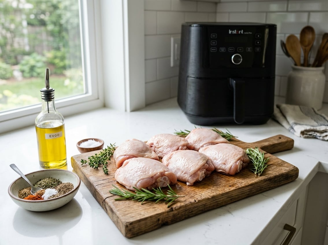 Raw chicken thighs on a cutting board with herbs and spices near an air fryer in a kitchen.