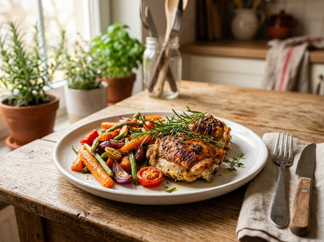 A plate with two cooked chicken thighs and roasted vegetables on a wooden table in a bright kitchen.