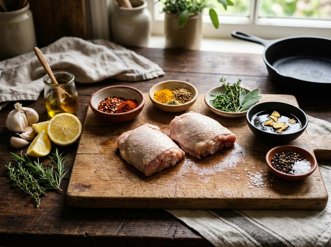 Two raw chicken thighs on a wooden cutting board surrounded by small bowls of marinades and spices with fresh herbs and lemon wedges nearby.