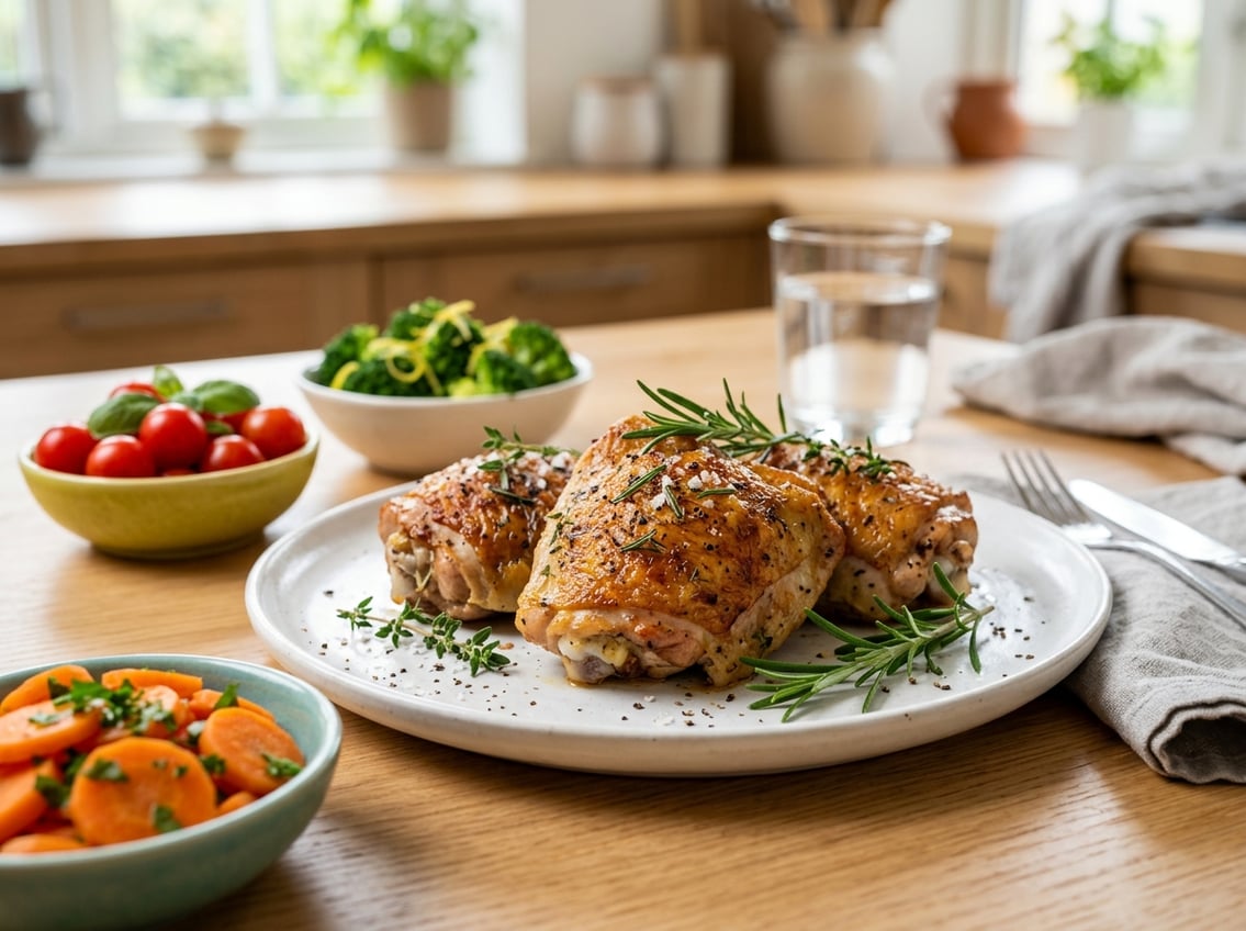 A plate of cooked chicken thighs garnished with herbs, surrounded by fresh vegetables on a kitchen countertop.