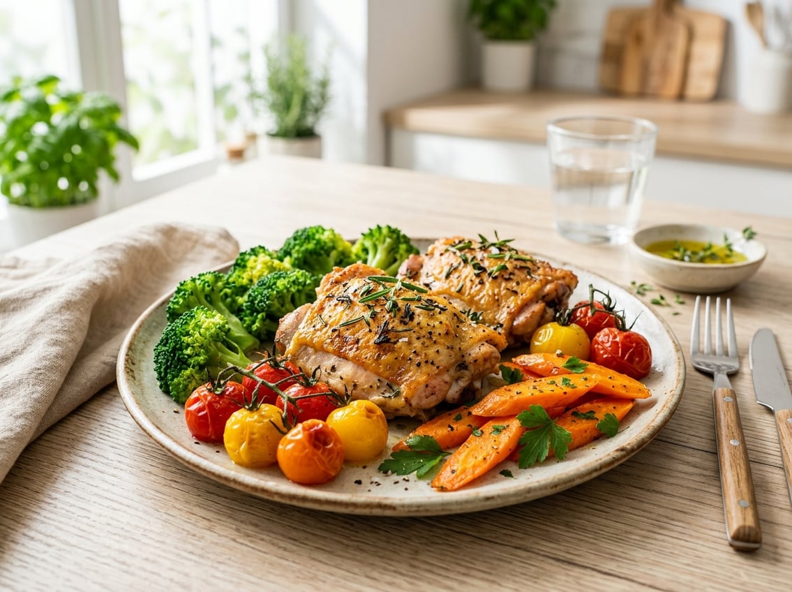 A plate with roasted chicken thighs garnished with herbs and served with colorful vegetables on a bright kitchen table.