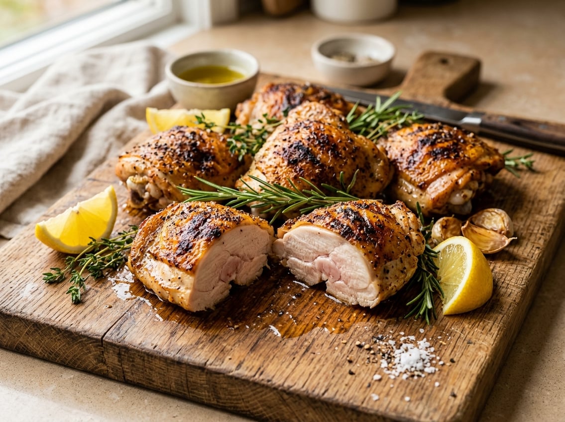 A close-up of perfectly cooked chicken thighs with golden-brown crispy skin on a wooden cutting board, garnished with fresh herbs and lemon wedges.