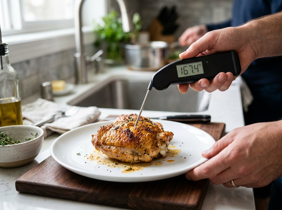 Hands holding a digital meat thermometer inserted into a cooked chicken thigh on a white plate in a kitchen.