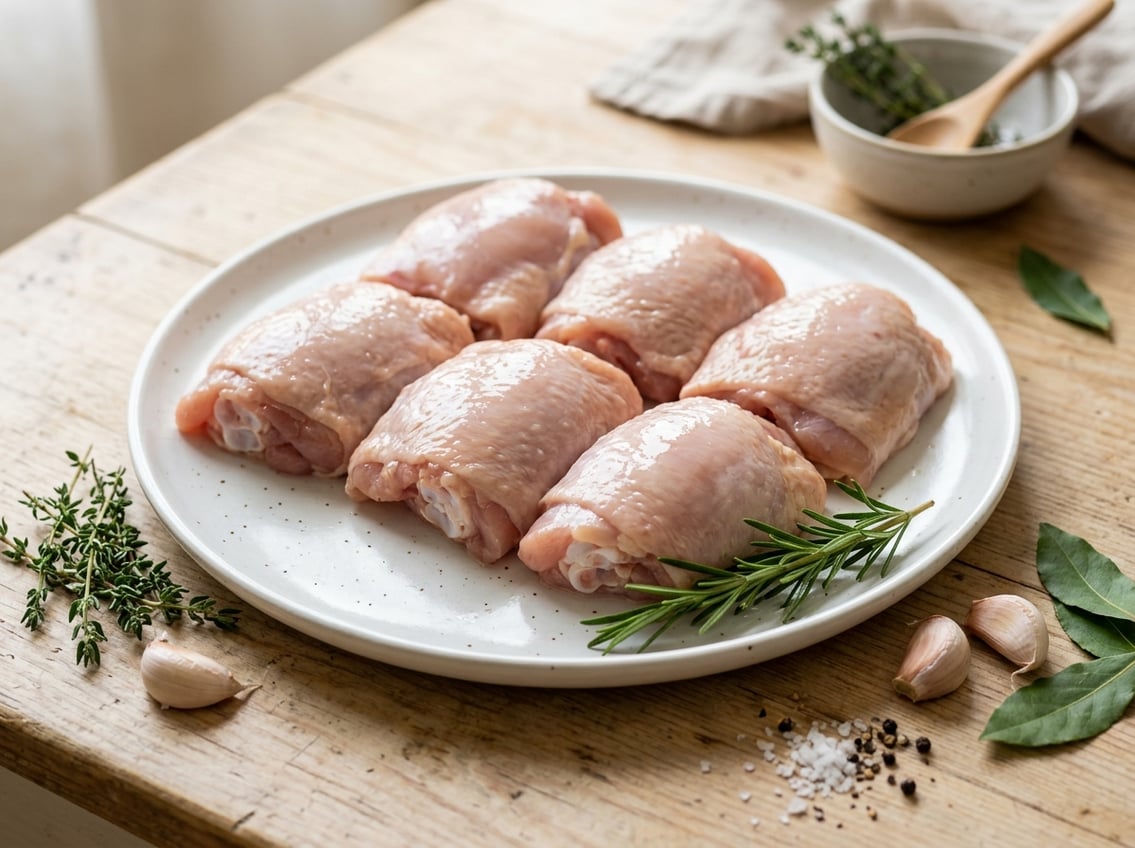 Fresh raw chicken thighs on a white plate with herbs and garlic on a light wooden surface.
