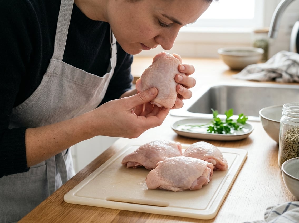 A person holding raw chicken thighs and smelling them in a kitchen setting.