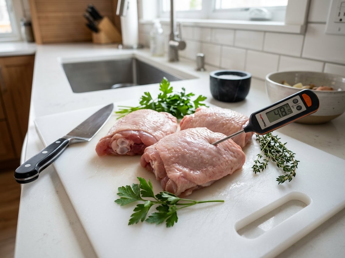 Close-up of raw chicken thighs on a cutting board with a meat thermometer and fresh herbs in a kitchen.