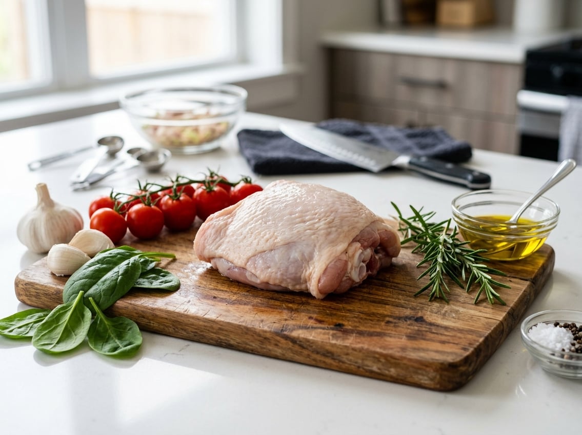Raw chicken thigh on a wooden cutting board surrounded by fresh vegetables and herbs on a kitchen countertop.