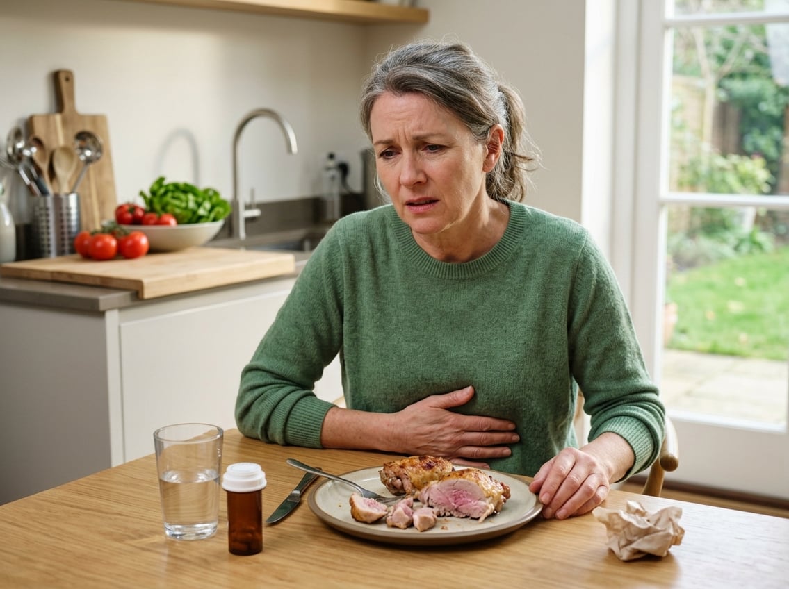 A person sitting at a kitchen table holding their stomach in discomfort with a plate of partially eaten undercooked chicken thighs in front of them.
