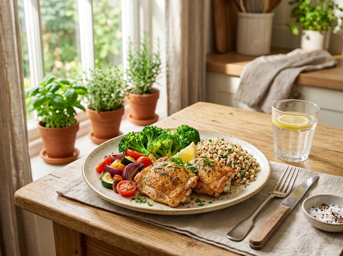 A plate of cooked chicken thighs with fresh vegetables and grains on a kitchen table with natural light.