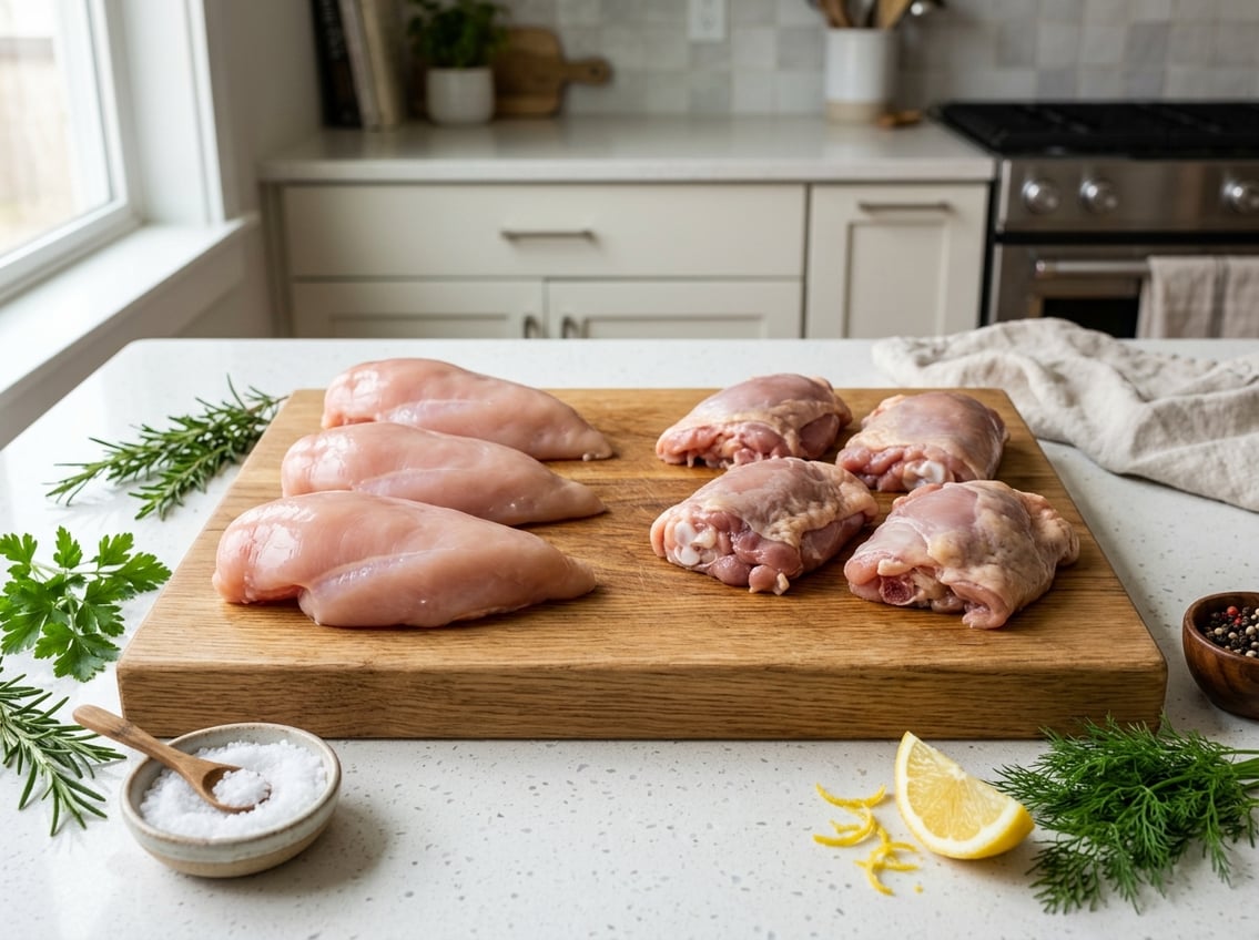 Raw chicken breasts and thighs arranged separately on a wooden cutting board with fresh herbs and lemon on a kitchen countertop.
