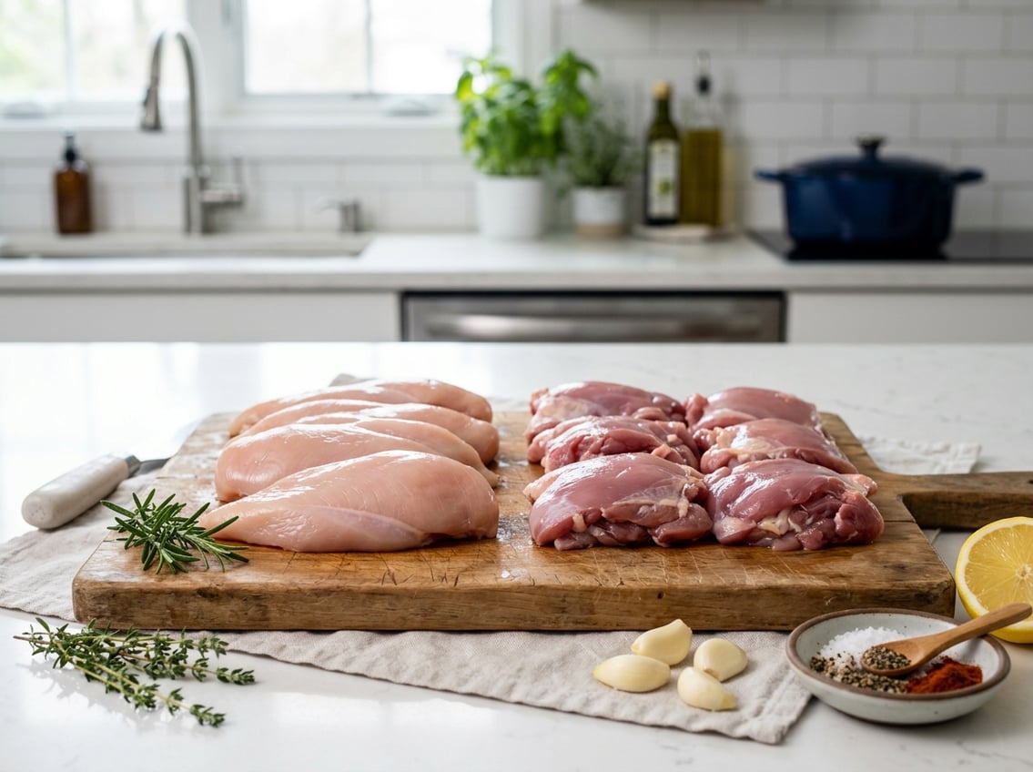 Raw chicken breast and thighs arranged on a cutting board with herbs and spices in a kitchen setting.