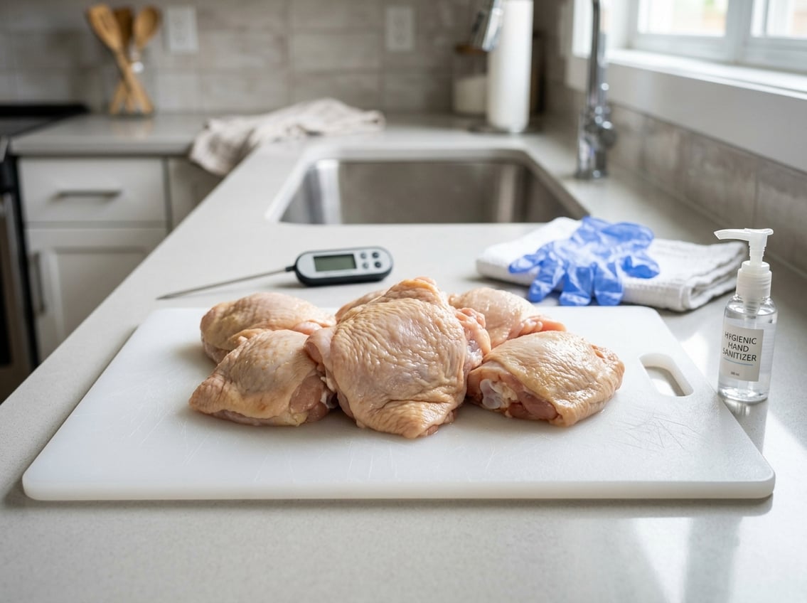 Close-up of raw chicken thighs on a cutting board with hand sanitizer, thermometer, and gloves nearby in a kitchen.