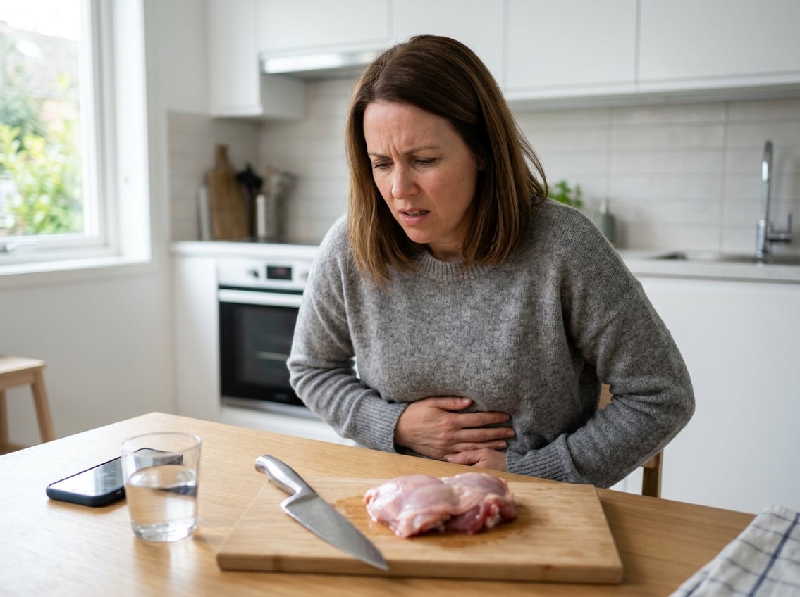 A woman sitting at a kitchen table holding her stomach in discomfort with raw chicken on a cutting board nearby.