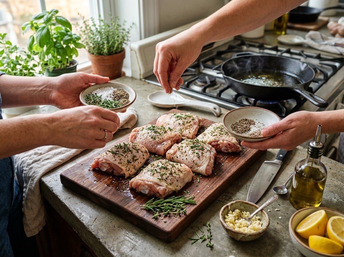 Hands seasoning raw chicken thighs with herbs and spices on a kitchen countertop next to cooking ingredients and utensils.
