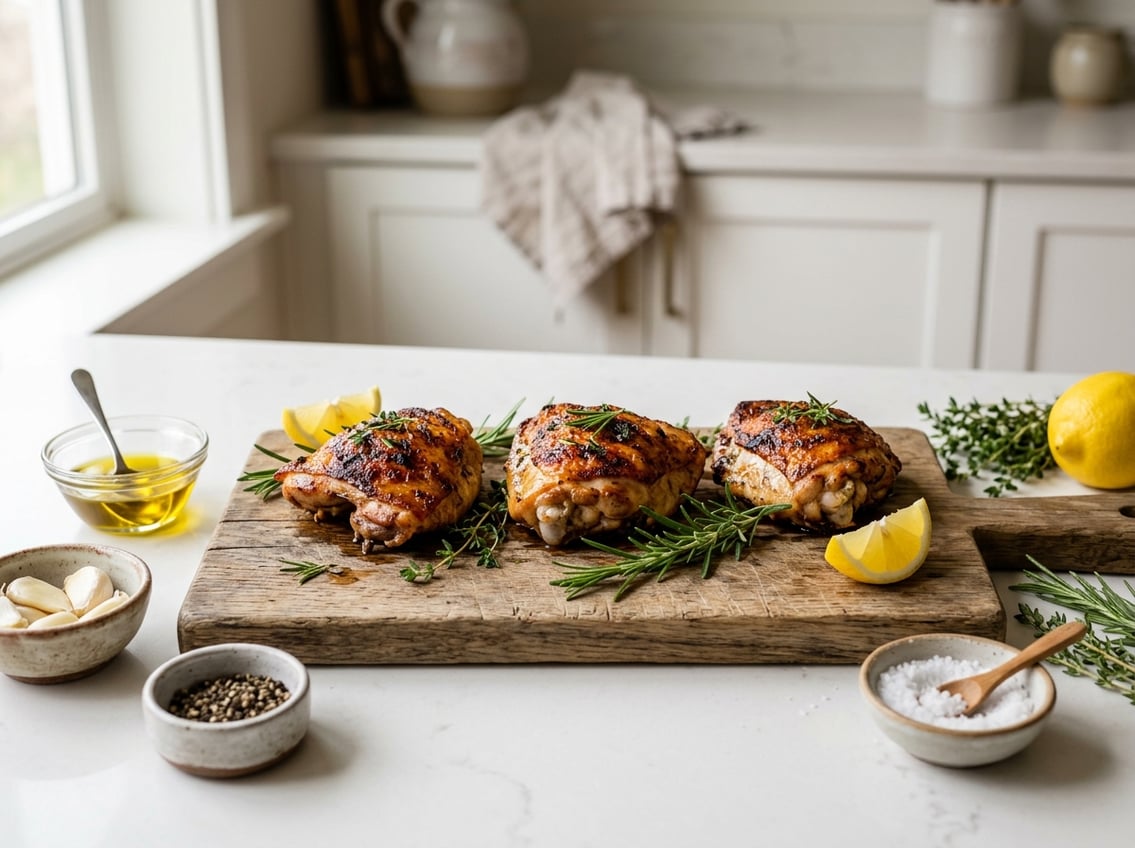Three cooked chicken thighs on a wooden cutting board garnished with rosemary and lemon wedges, surrounded by small bowls of cooking ingredients on a kitchen countertop.